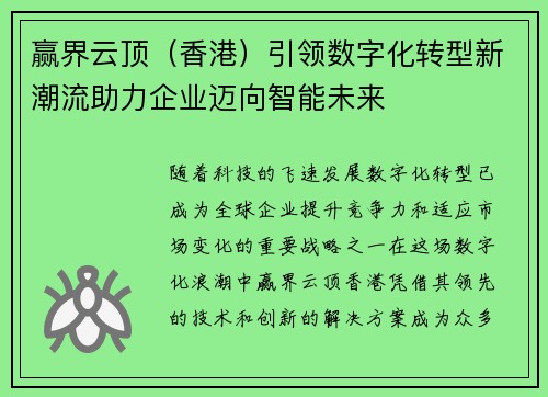 赢界云顶（香港）引领数字化转型新潮流助力企业迈向智能未来